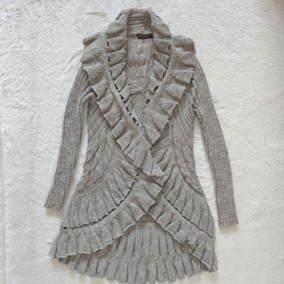 John Fashion Sweaters - John Fashion Small Open Front Draped Gray Knitted Ruffle Long Cardigan Sweater